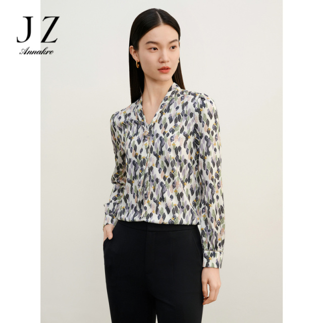 12514610.商场同款JZ玖姿优雅碎花复古飘带衬衫女2025春秋季新款JWEC80106