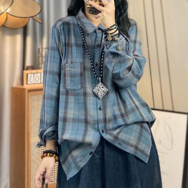 13461149.初云紫衣春秋 女翻领格子衬衫长袖宽松休闲衬衣百搭开扣上衣5830