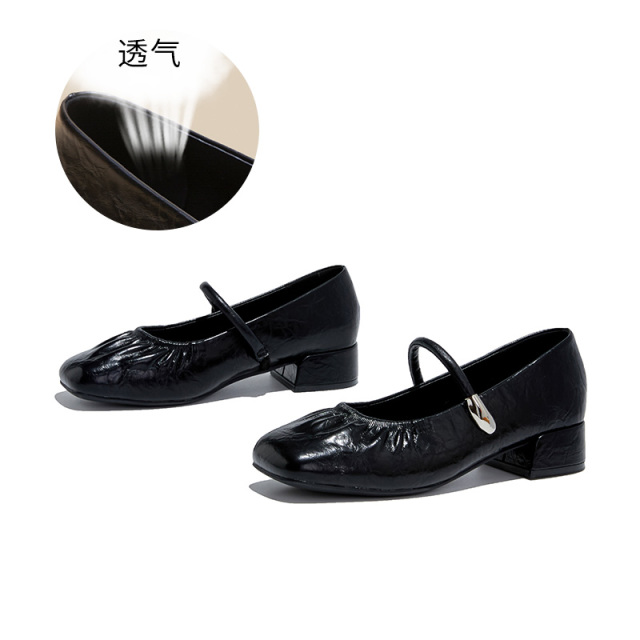 12515138.墨斯本头层羊皮垫玛丽珍鞋新款褶皱时装休闲芭蕾单鞋女款12156