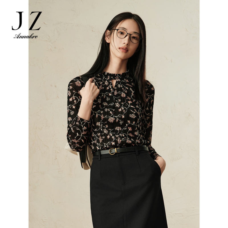 12514571.商场同款JZ玖姿浪漫花边芍药花修身上衣女春秋季新款JWEQ80124
