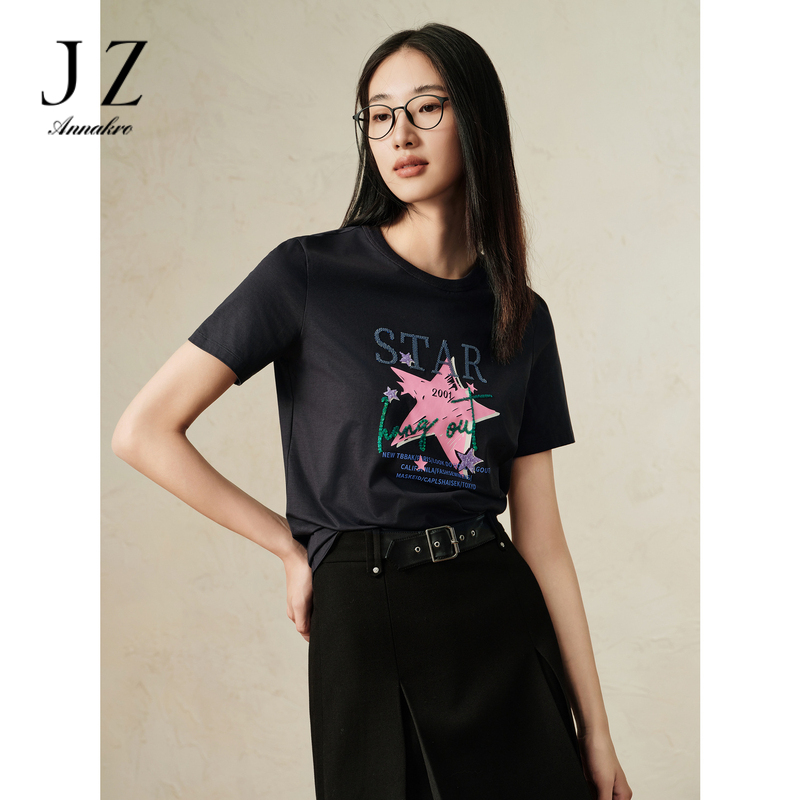 12514337.商场同款JZ玖姿时尚珠片刺绣棉短袖T恤女春秋季新款JWEQ83302