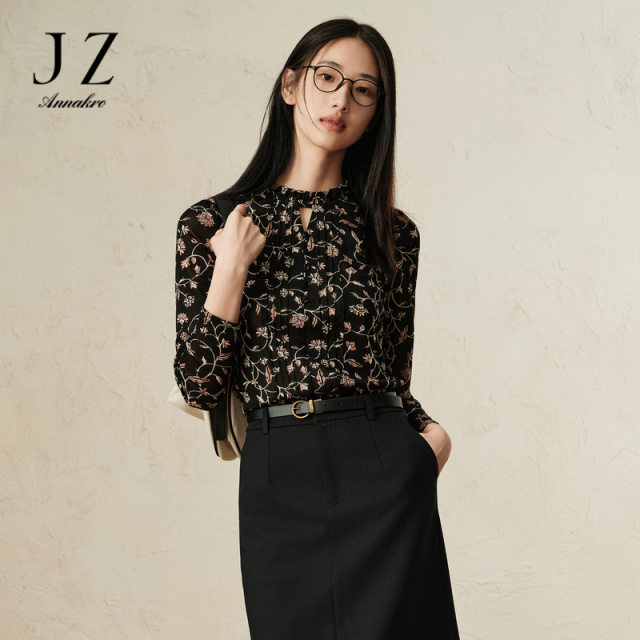12514571.商场同款JZ玖姿浪漫花边芍药花修身上衣女春秋季新款JWEQ80124
