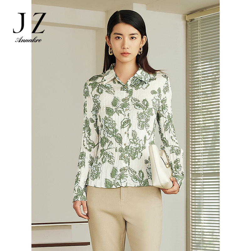 12515362.JZ玖姿商场同款优雅浪漫清新花卉不规则压褶衬衫女2025春秋新款