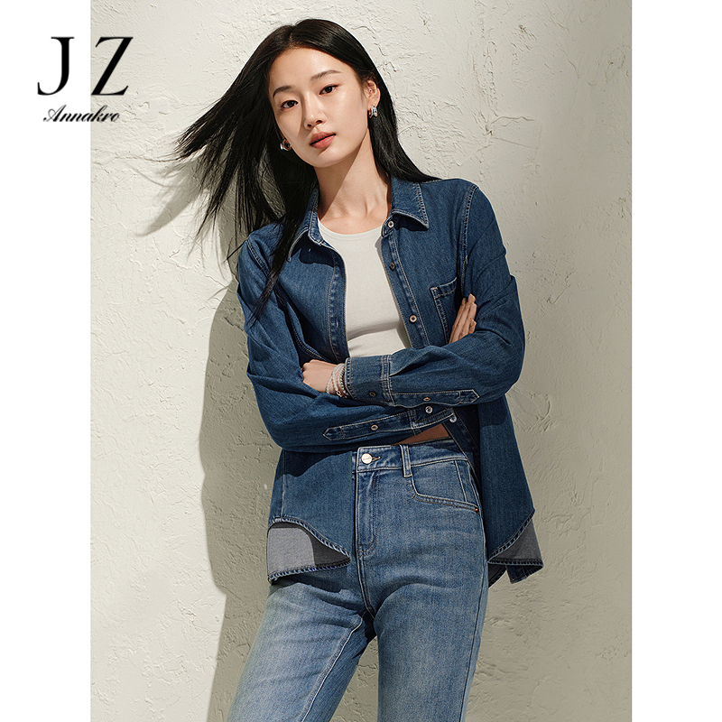 12515384.玖姿安娜蔻慵懒知性oversize休闲牛仔衬衫女2025春秋新款