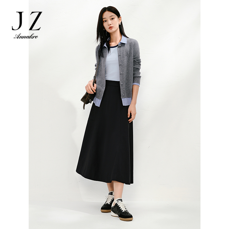 12515392.玖姿安娜蔻简约通勤高腰显瘦量感A字伞裙半身裙女2025春秋新款