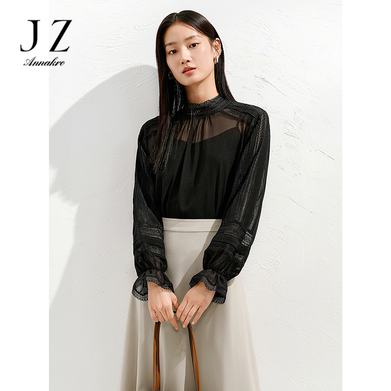 12515520.玖姿安娜蔻轻熟气质蕾丝拼接雪纺透视上衣两件套女2025春秋新款