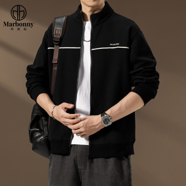 12516374.【玛波尼】青年休闲潮流开衫卫衣立领男式纯色拼接内搭