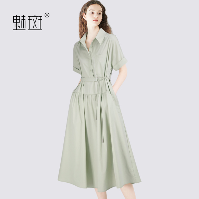 12520960.魅斑短袖衬衫裙收腰系带连衣裙大摆裙
