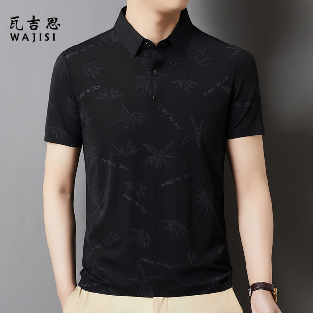 12526718.夏季新款桑蚕丝短袖T恤男薄款翻领商务polo衫潮流上衣