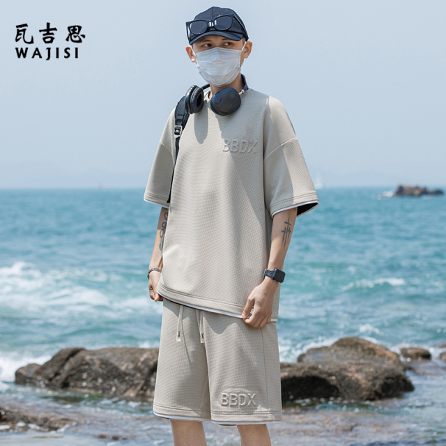 12526569.华夫格男士套装夏季休闲痞帅短袖t恤潮牌宽松运动短裤一套搭衣服