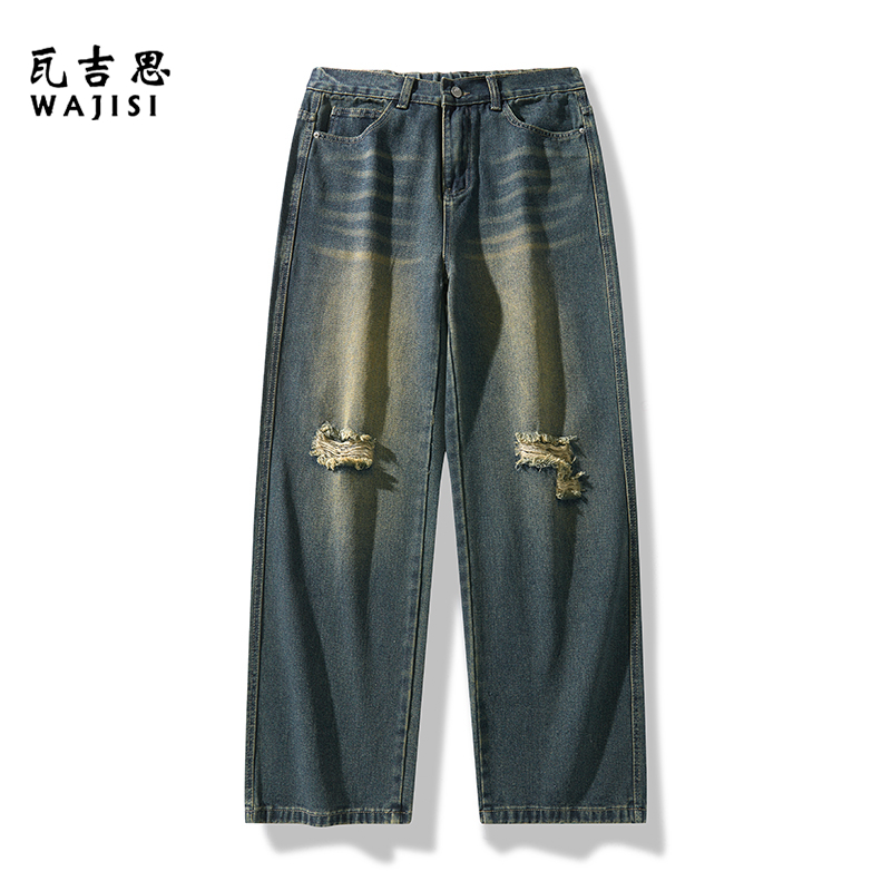12524061.美式破洞牛仔裤新款直筒水洗休闲裤男士春夏季宽松高街长裤子