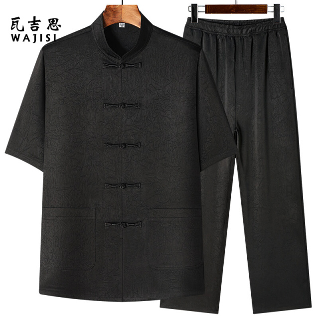 12521681.唐装男中老年爸爸夏装短袖冰丝套装新中式60岁爷爷休闲宽松两件套