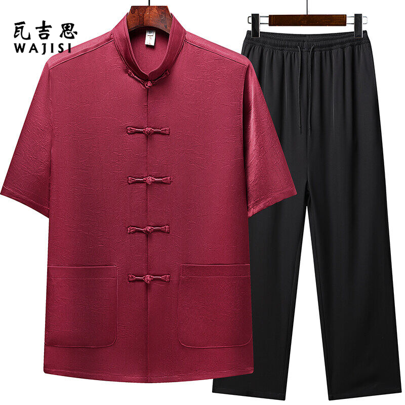 12526791.中老年唐装男夏季爸爸夏装冰丝薄款短袖两件套新中式国风套装