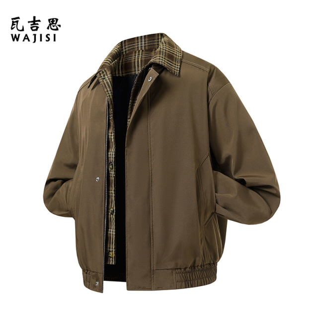 12525900.春季美式短款格子假两件翻领夹克男宽松休闲时尚百搭潮流外套