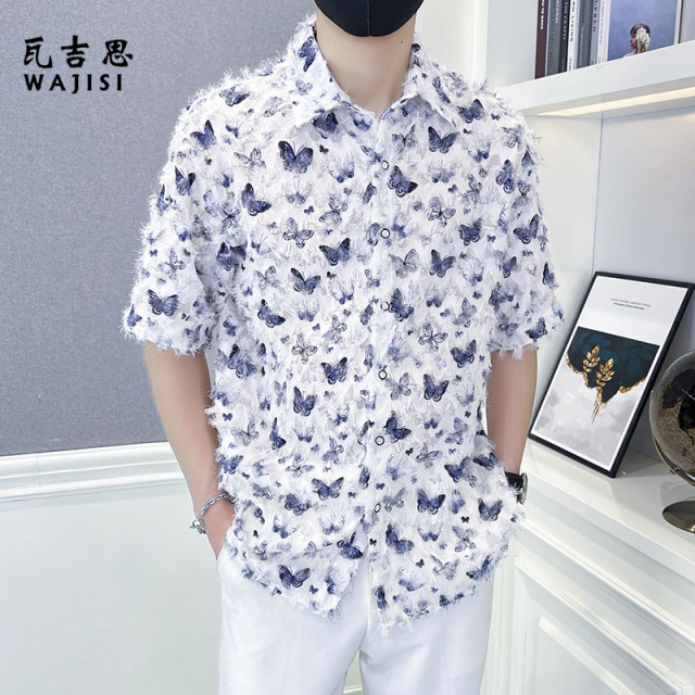 12524037.夏季男士花蝴蝶青年衬衫流苏印花宽松痞帅短袖时尚潮流情侣衬衫