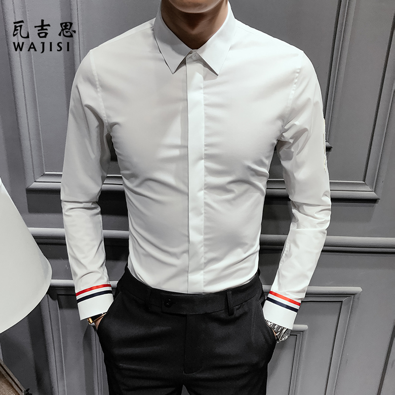 12524767.男士春秋季休闲翻领长袖衬衫男装商务休闲袖子肩章寸上衣