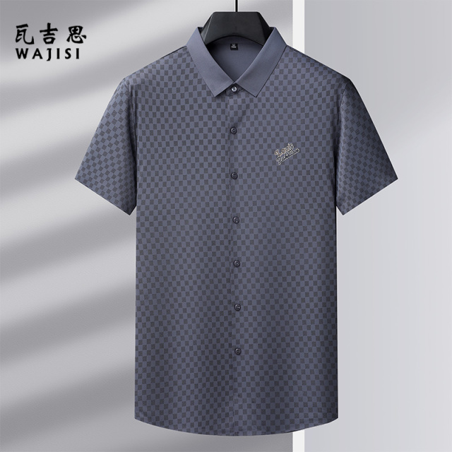 12522705.高端棋盘格黑色冰丝格子衬衫男短袖夏款爸爸时尚潮流透气半袖衫