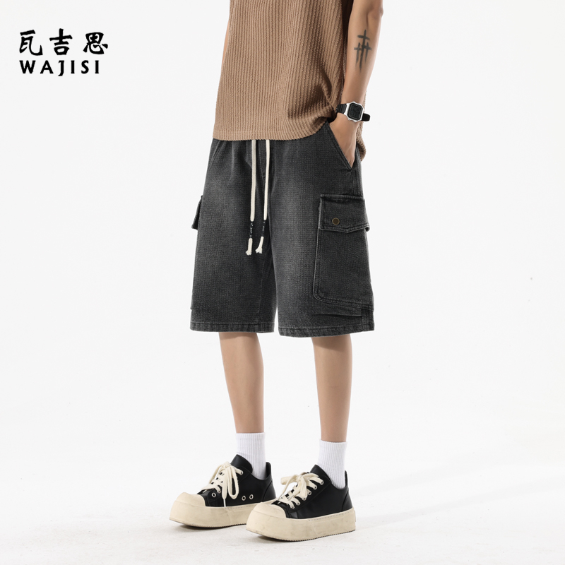 12521897.夏季大码短裤男士牛仔五分裤宽松加肥加大多口袋松紧工装裤腰裤衩