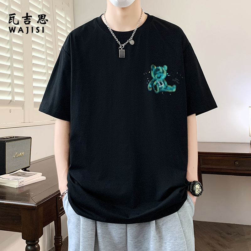 12524348.夏季时尚卡通短袖t恤男士痞帅个性圆领半袖T潮牌男装休闲百搭上衣