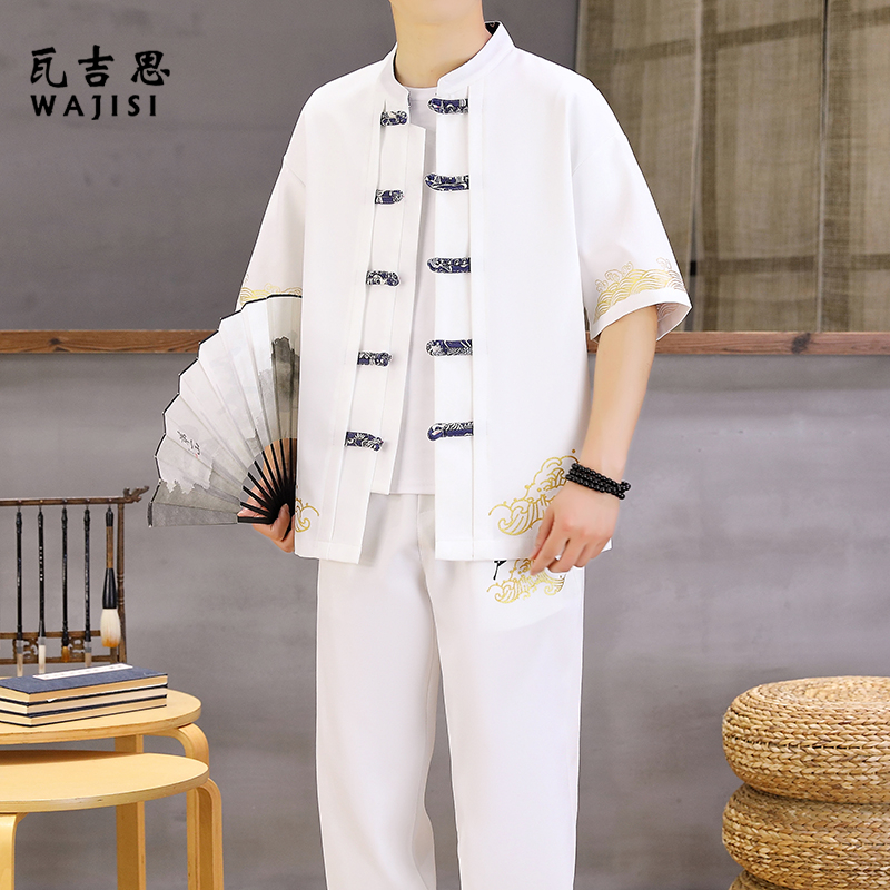 12526051.唐装男士夏季中国风套装新中式休闲宽松开衫立领外套汉服冰丝套装