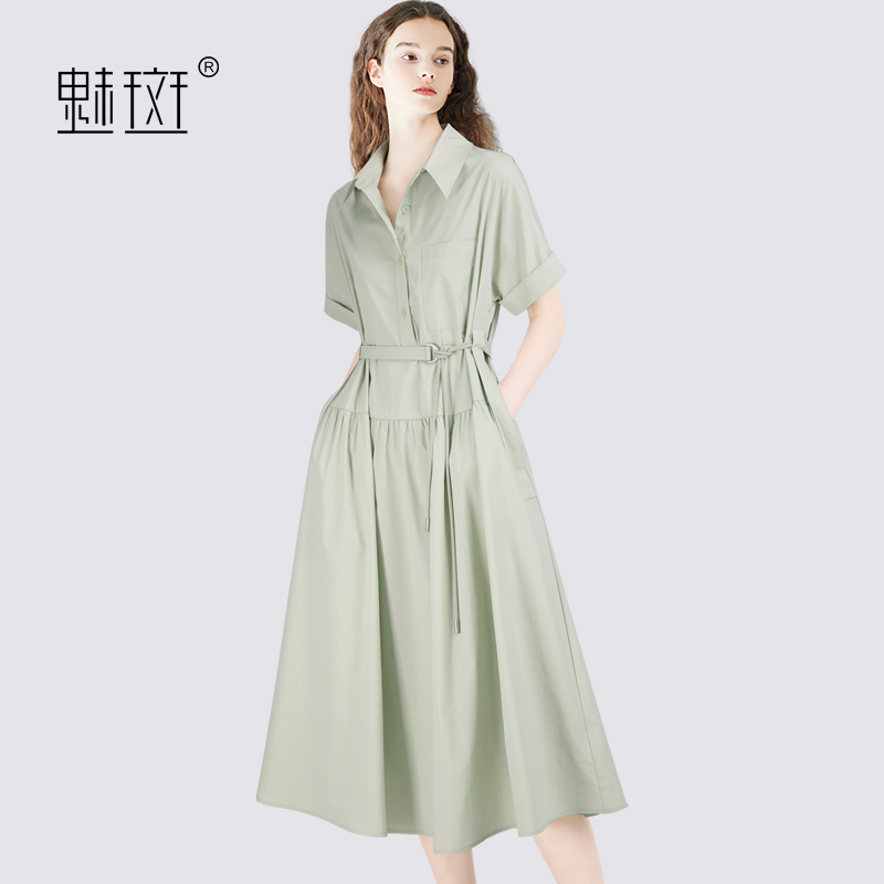 12520960.魅斑短袖衬衫裙收腰系带连衣裙大摆裙