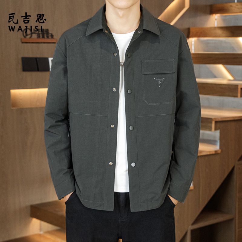12521322.春秋新品高端夹克男士外套商务休闲抗皱免烫翻领中年工装男上衣薄