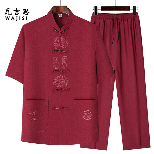 12526785.唐装男短袖套装夏季新款中国风棉麻中老年爸爸装爷爷衣服