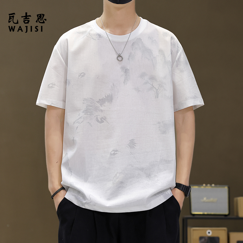 12525187.夏季新款男士圆领短袖T恤民族风冰丝山水画国潮半袖体恤男装
