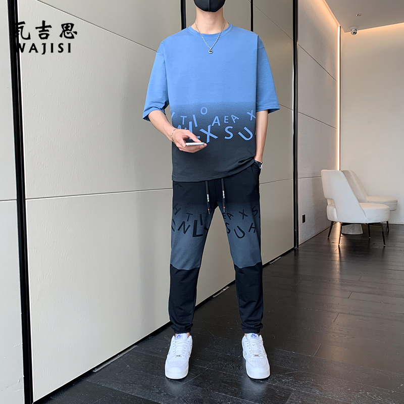 12521844.男士运动休闲套装冰丝夏季新款短袖t恤潮牌男装一套搭配帅气