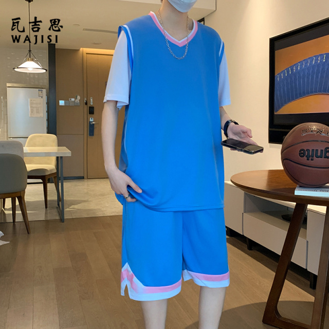 12523065.假两件篮球服套装男款夏季冰丝速干休闲短袖短裤大码宽松球服