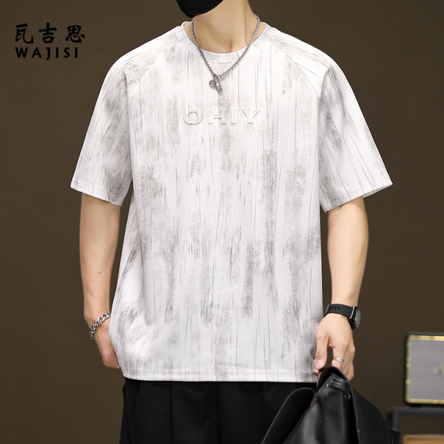 12521469.日系复古烧花钢印立体字母圆领短袖T恤夏季潮流青年百搭短袖