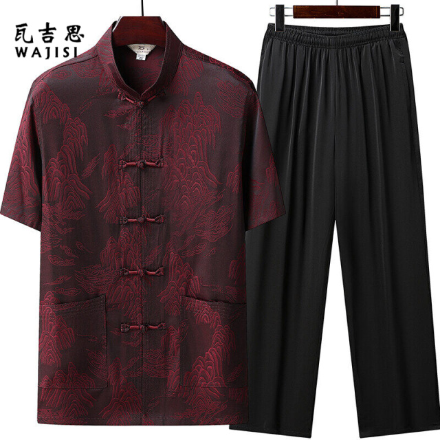 12527887.唐装男士中老年人爸爸装夏季冰丝短袖套装民族风衬衫爷爷休闲衣服