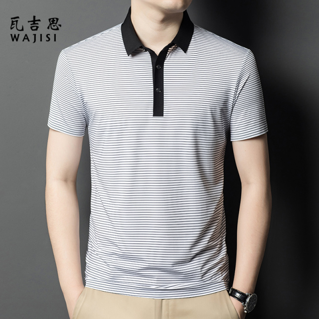 12526741.中年男士夏季商务休闲短袖T恤条纹冰丝翻领上衣半袖polo衫