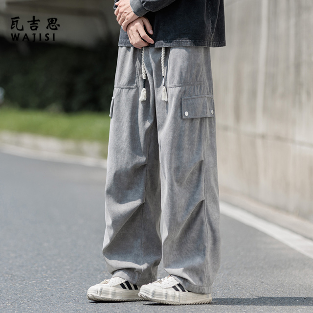 12527210.秋季新款美式复古工装裤子男士潮牌宽松直筒阔腿运动休闲长裤子