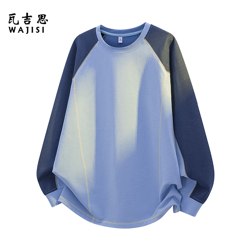 12527173.秋季新款拼接撞色圆领男士长袖T恤潮牌宽松休闲百搭打底长袖上衣