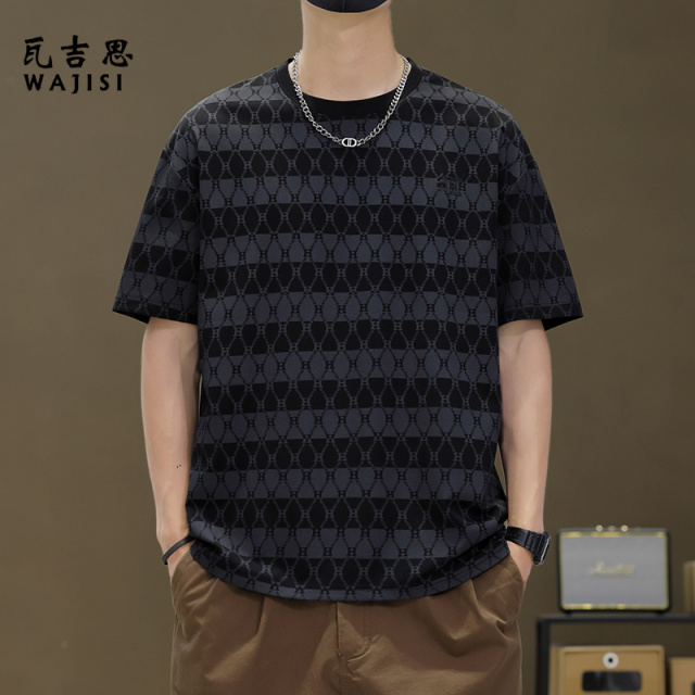 12521406.天丝提花短袖t恤男士夏季新款冰丝潮牌半袖休闲速干上衣男装T