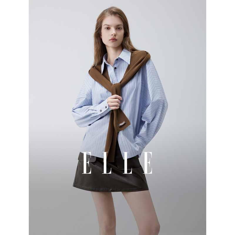 13788634.ELLE经典条纹衬衫+披肩设计都市通勤风干练衬衣女