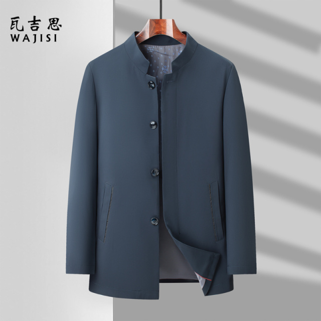 12522367.爸爸装春秋季新款中老年男士立领外套商务休闲纯色夹克