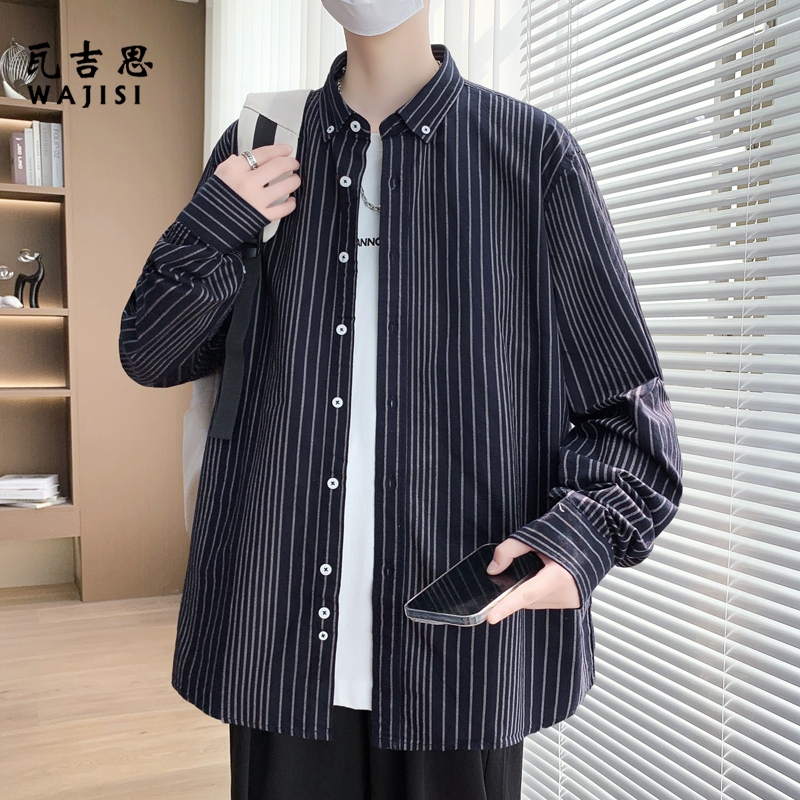 12524967.春秋季男士条纹衬衣纯棉休闲宽松青年上衣男装长袖衬衫外套
