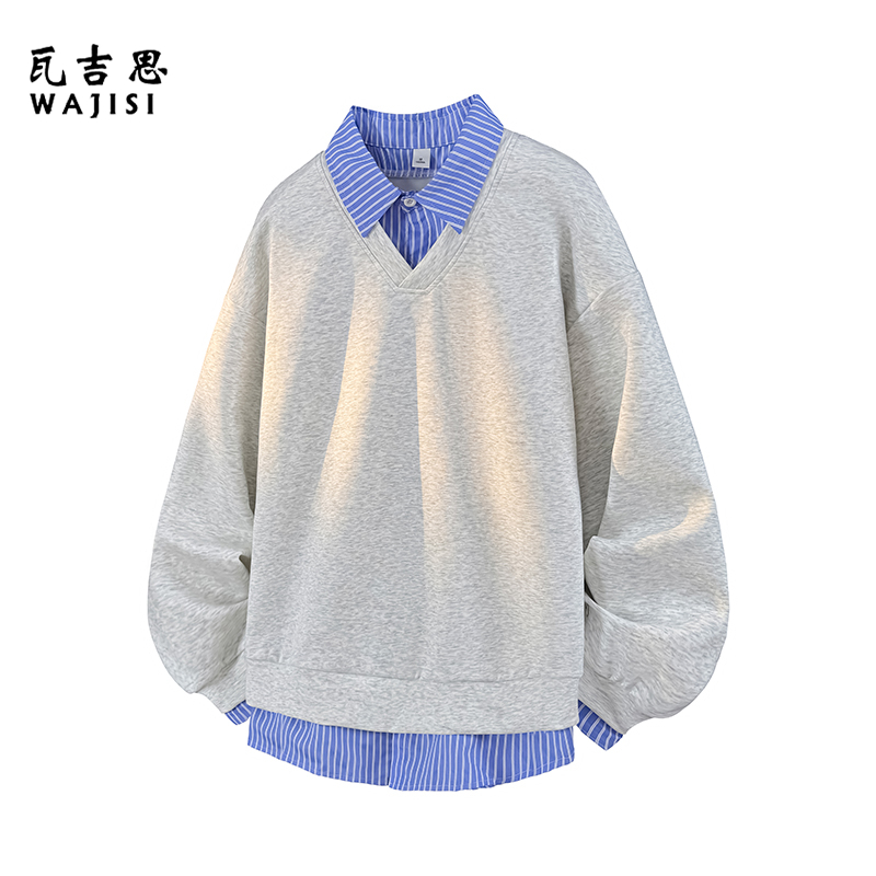 12527250.韩版假两件翻领卫衣男女秋季宽松情侣百搭休闲套头上衣