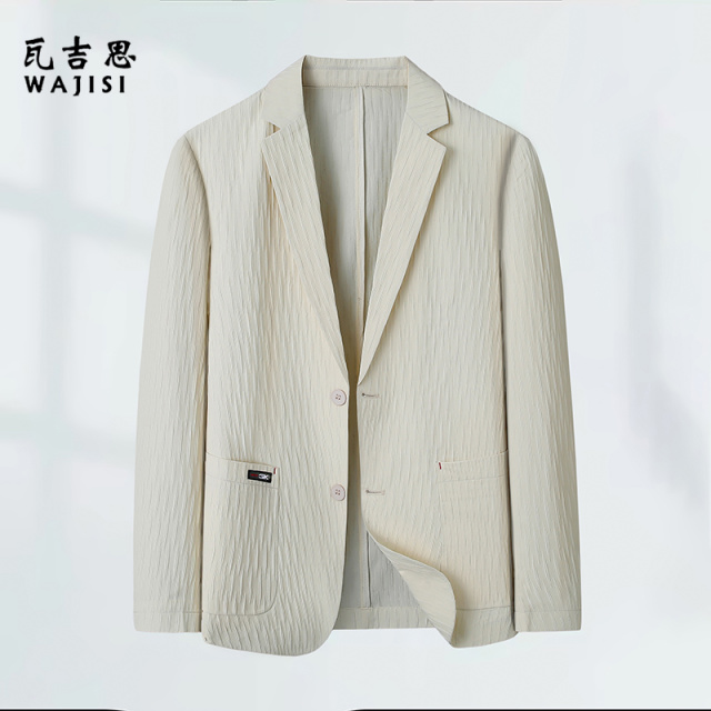 12521390.浅蓝单西装轻薄外套条纹西服男士上衣潮夏款薄款商务休闲防晒西服