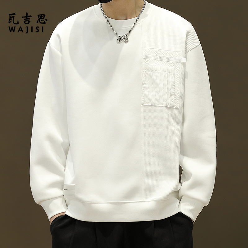 12522030.圆领男士卫衣拼接胸前口袋秋季新款男装秋装长袖t恤打底衫