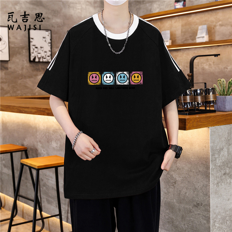 12524219.纯棉短袖t恤男士夏季ins潮牌美式复古高街宽松拼接百搭上衣服