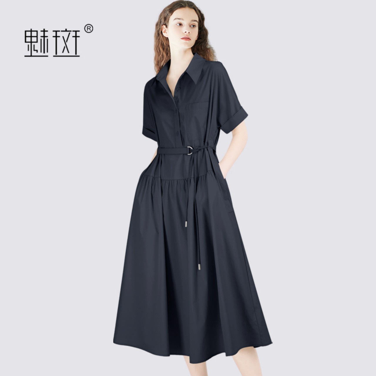 12520937.魅斑藏青色Polo领短袖连衣裙衬衫裙大摆裙
