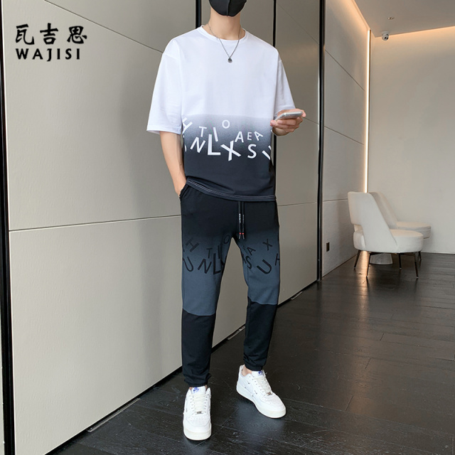 12521844.男士运动休闲套装冰丝夏季新款短袖t恤潮牌男装一套搭配帅气
