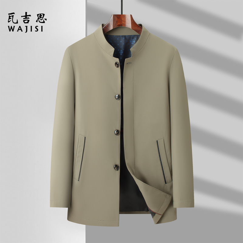 12522367.爸爸装春秋季新款中老年男士立领外套商务休闲纯色夹克