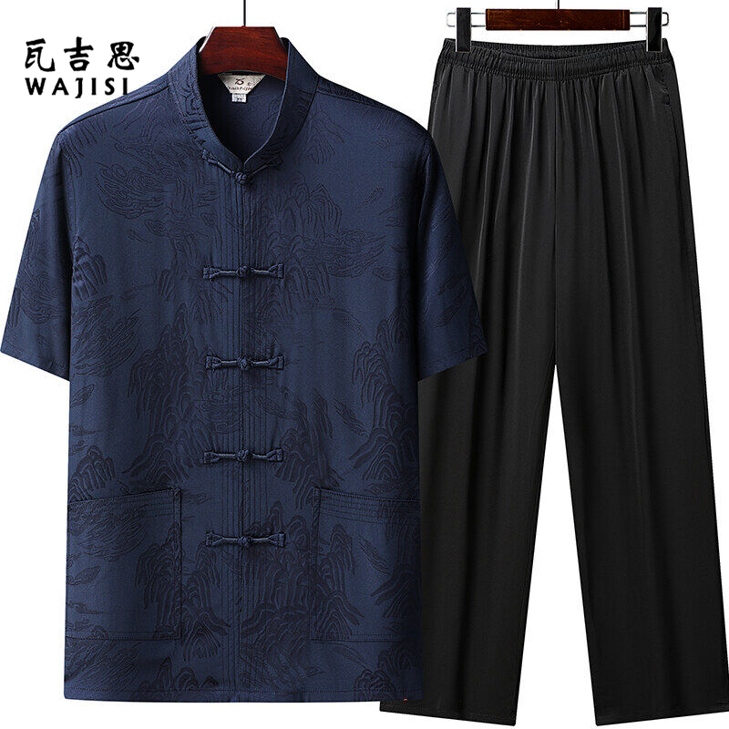 12527887.唐装男士中老年人爸爸装夏季冰丝短袖套装民族风衬衫爷爷休闲衣服