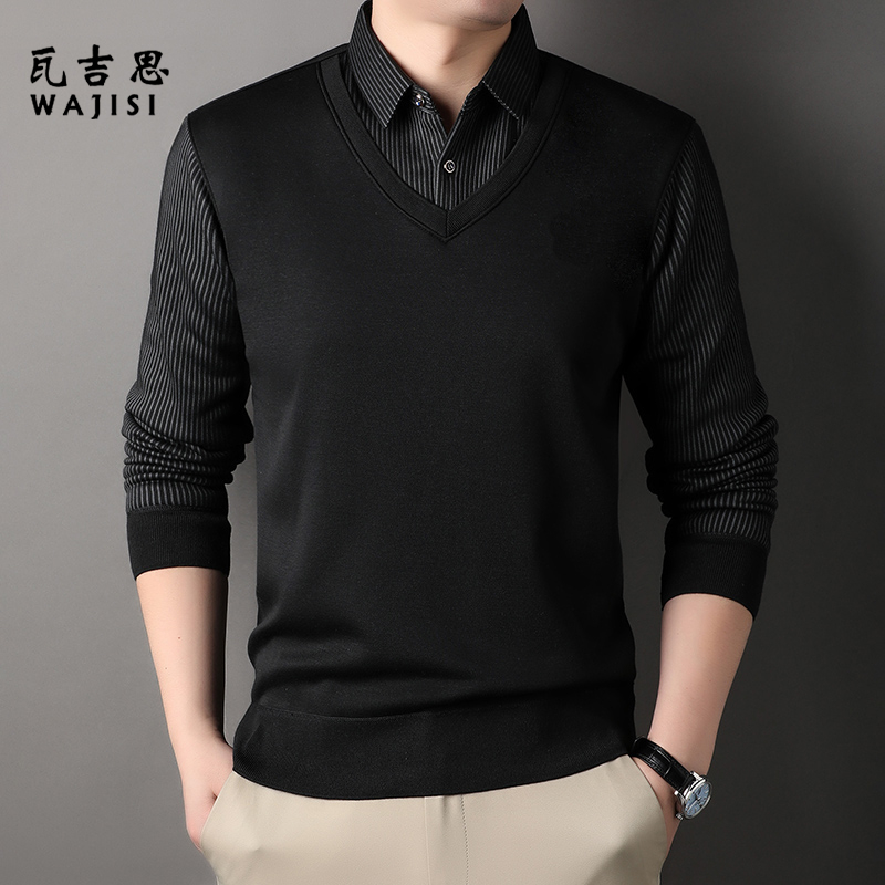 12525014.爸爸春秋装长袖针织衫中年男士假两件衬衫领打底衫中老年男装上衣