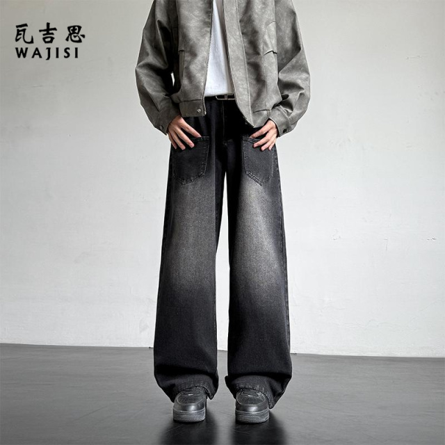 12527149.秋季新款复古水洗牛仔裤男四季美式高街宽松显高直筒阔腿休闲百搭长裤