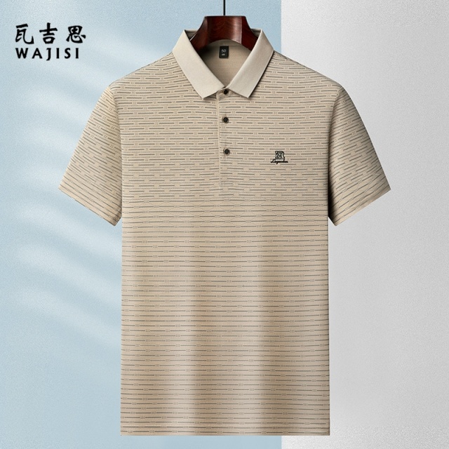 12522698.简约条纹短袖polo衫中年男士时尚宽松休闲翻领短袖夏季新款薄